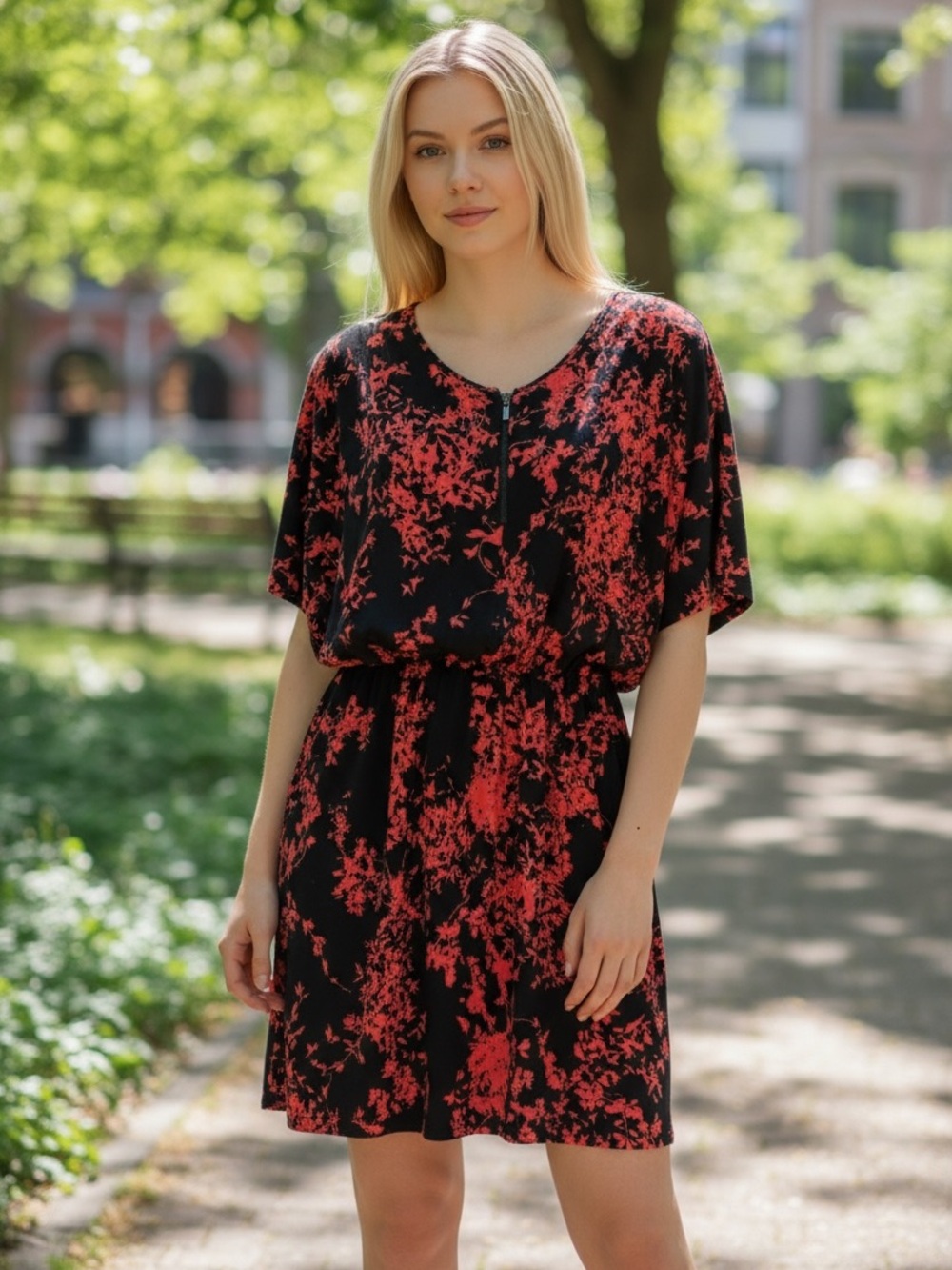 mac & jac Black Tunic with Red Floral Pattern